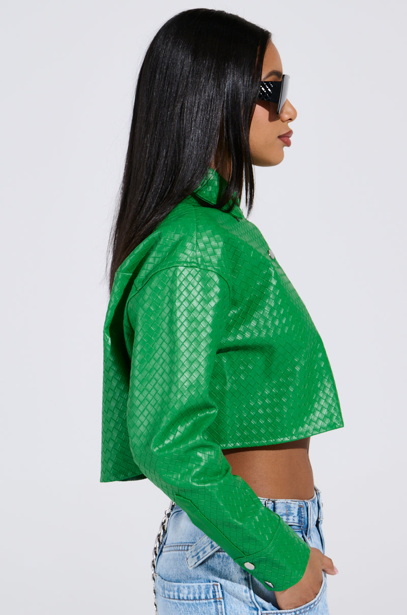 TOO EXPENSIVE FOR YOU WOVEN PU CROPPED BUTTON UP SHIRT