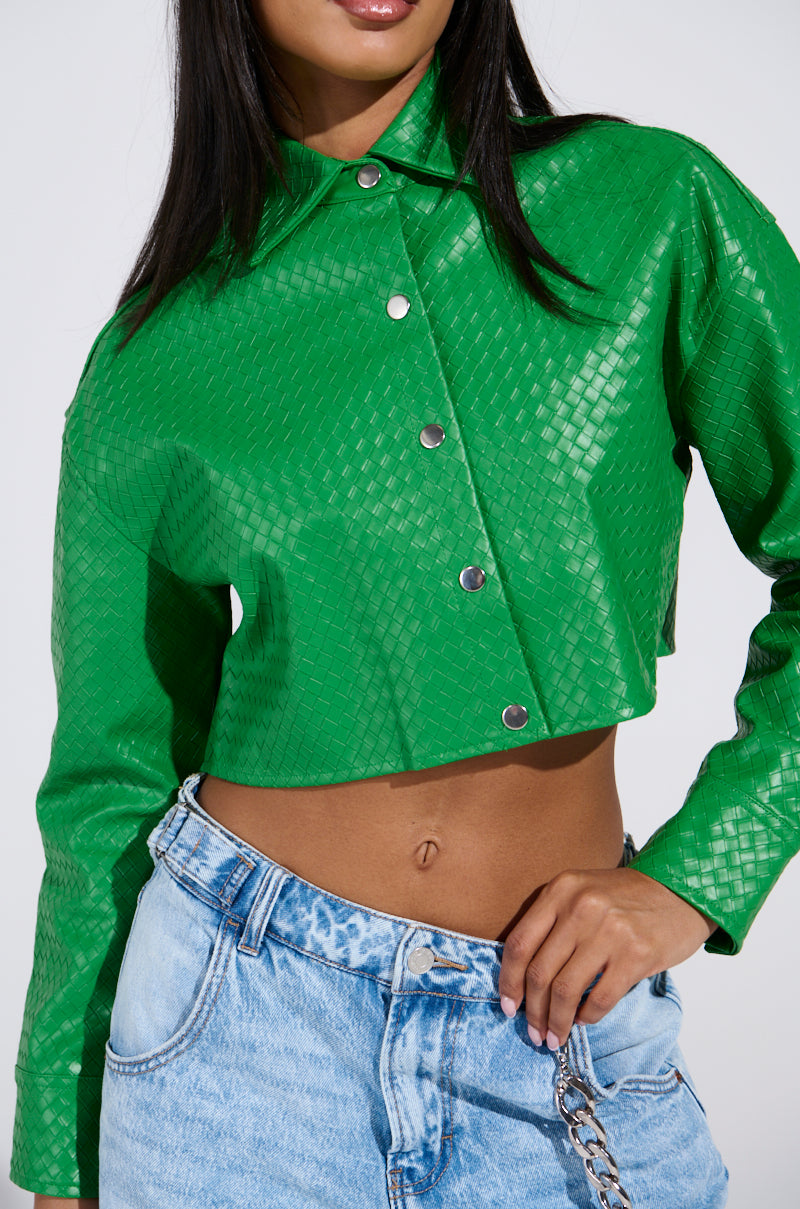 TOO EXPENSIVE FOR YOU WOVEN PU CROPPED BUTTON UP SHIRT