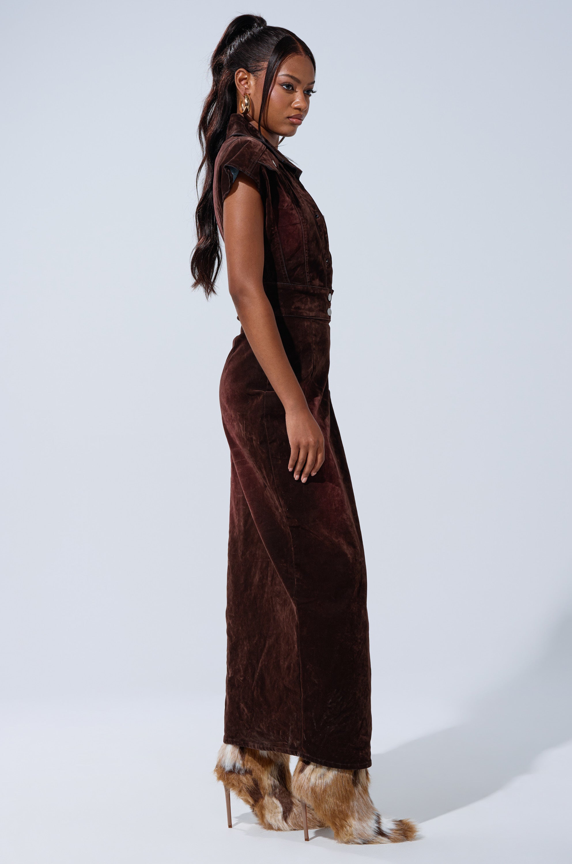 CHELSEA BUTTON DOWN MAXI DRESS IN VELVET DENIM