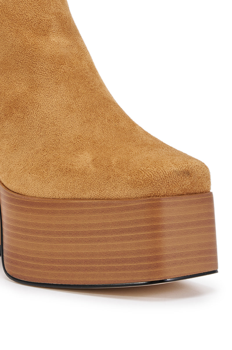 AZALEA WANG LAROUSSE CAMEL FAUX SUEDE SHEARLING BLOCK BOOTIE