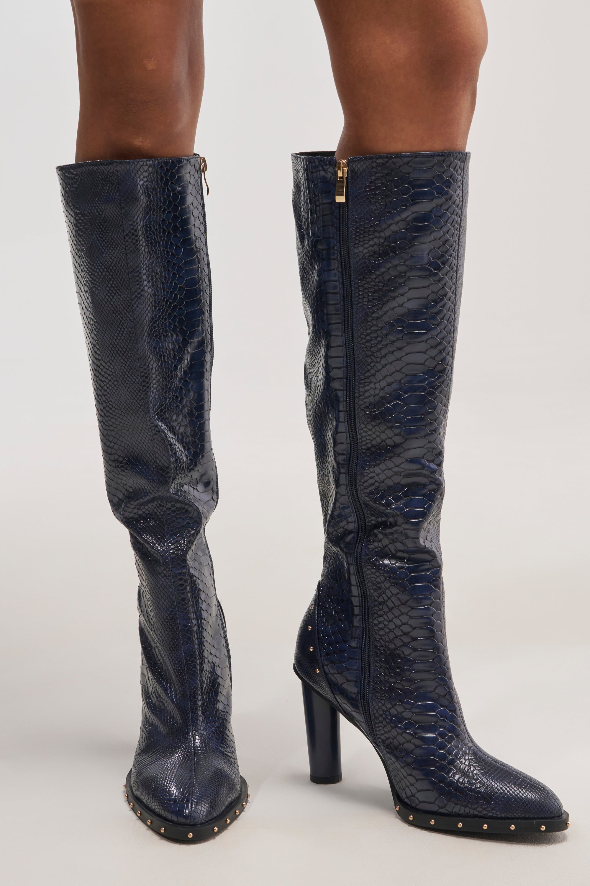 AZALEA WANG LIOREN NAVY SNAKE BLOCK KNEE HIGH BOOT