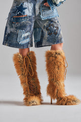 AZALEA WANG LOURDANNE TAN FUR LACE UP STILETTO BOOT
