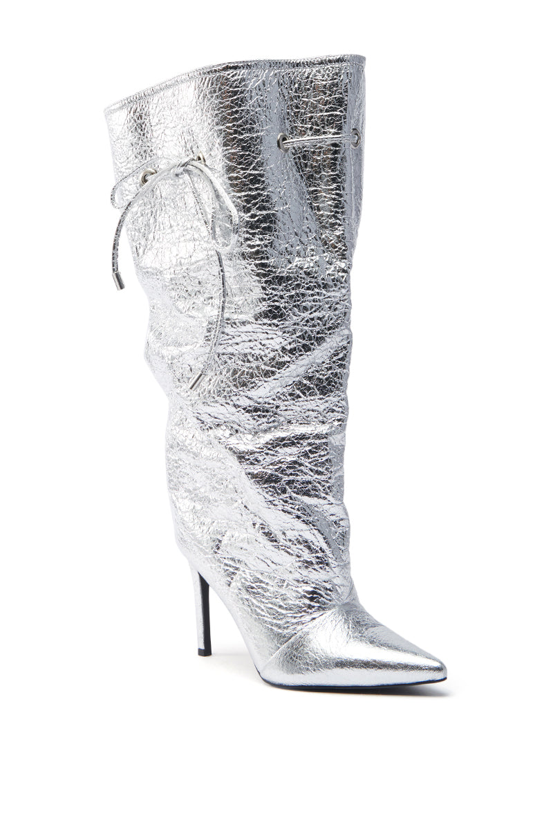 AZALEA WANG MARIT SILVER CRACKLE BOOT WITH CINCHING MECHANISM