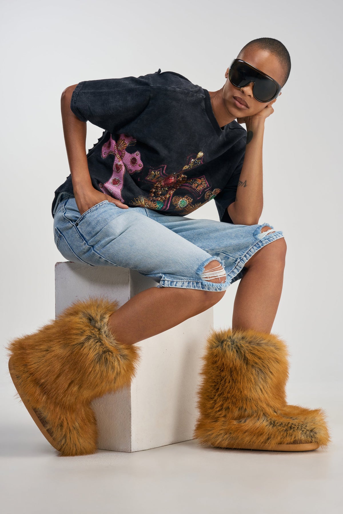 AZALEA WANG NADIANNA TAN FLAT FUR BOOTIE