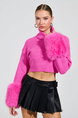SYDNEY FUR CUFF CROPPED SWEATER IN HOT PINK