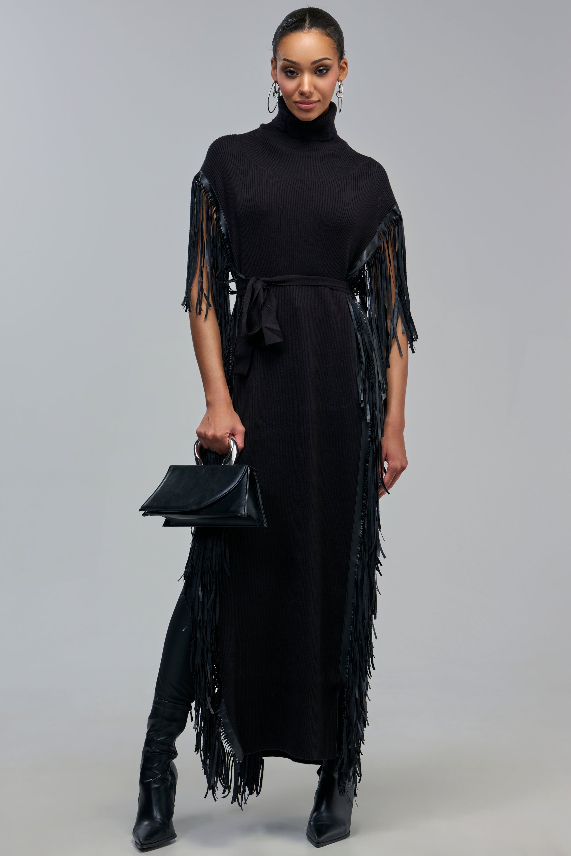 CHEYENNE FAUX BLACK LEATHER FRINGE BELTED SWEATER