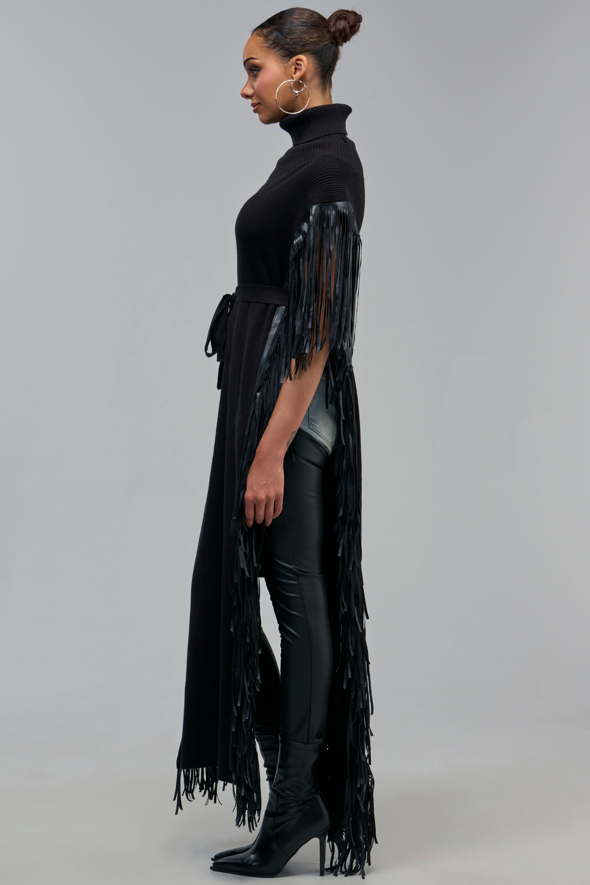 CHEYENNE FAUX BLACK LEATHER FRINGE BELTED SWEATER