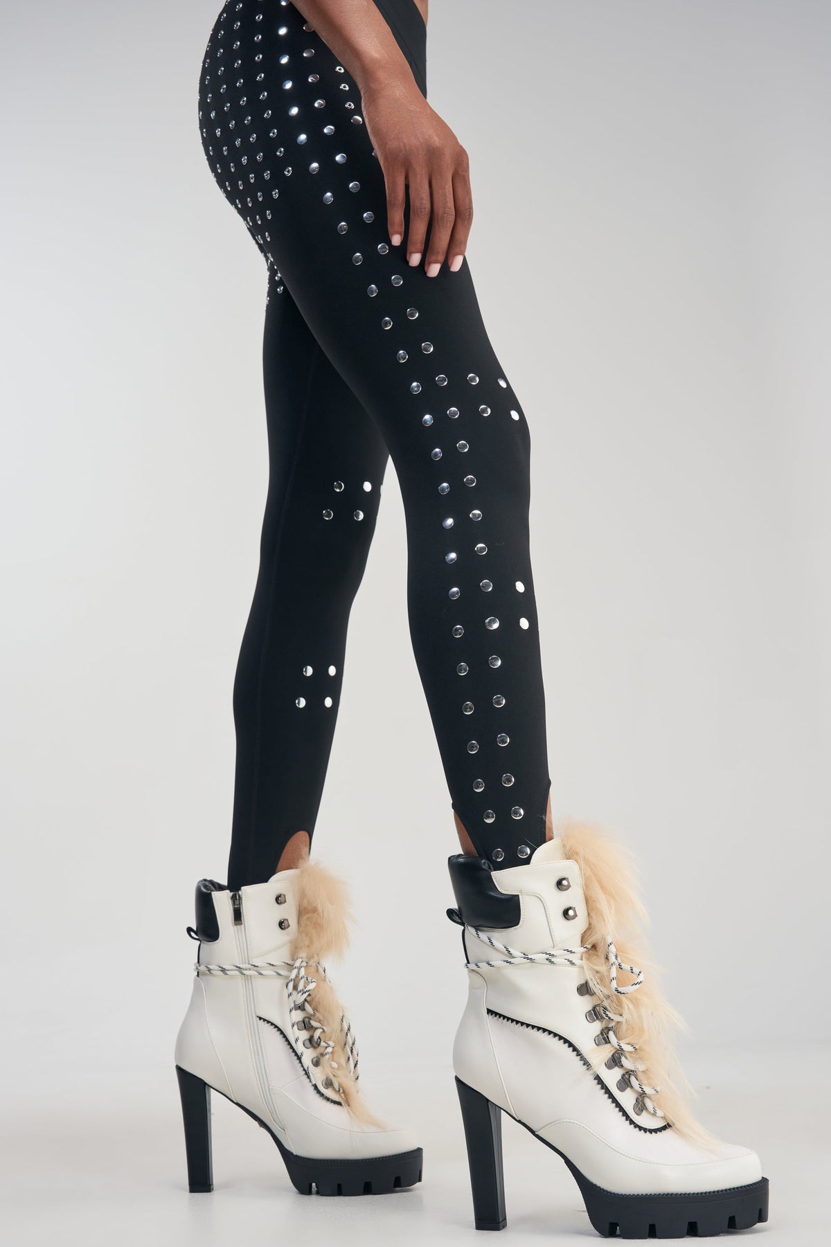 AKIRA GOLD SNUG WHITE FUR BLOCK HEEL COMBAT BOOTIE