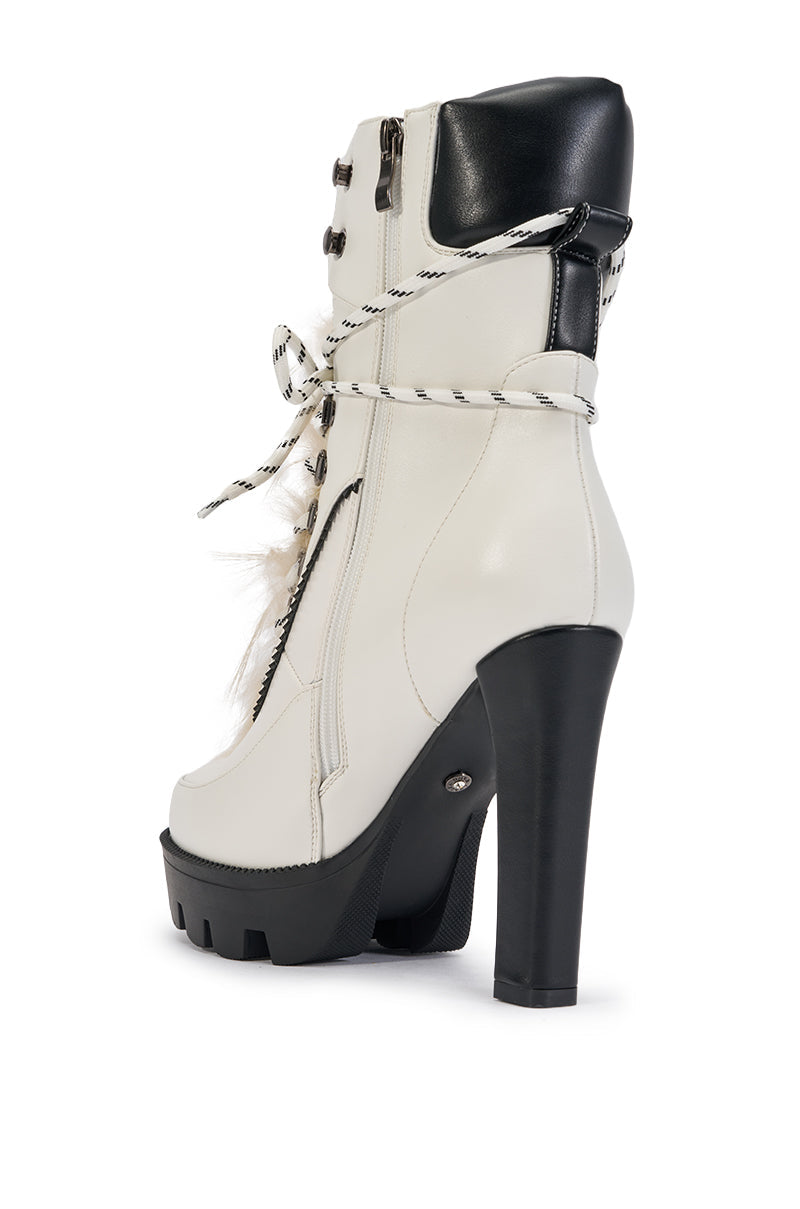 AKIRA GOLD SNUG WHITE FUR BLOCK HEEL COMBAT BOOTIE