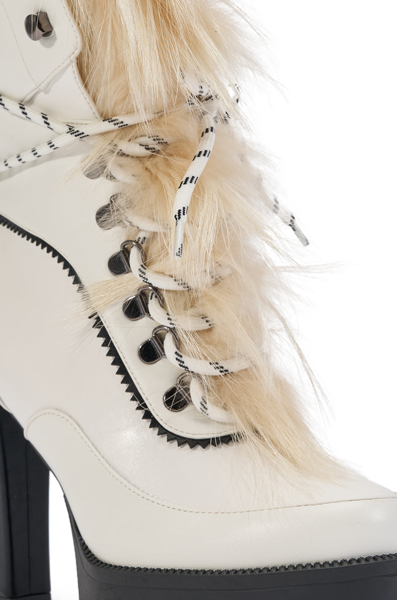 AKIRA GOLD SNUG WHITE FUR BLOCK HEEL COMBAT BOOTIE