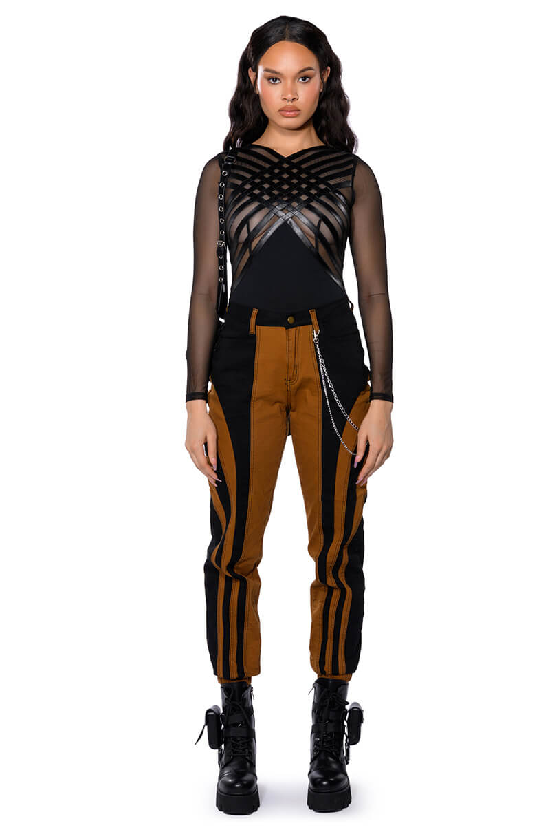 AFTER DARK FAUX LEATHER PANEL LONG SLEEVE MESH BODYSUIT