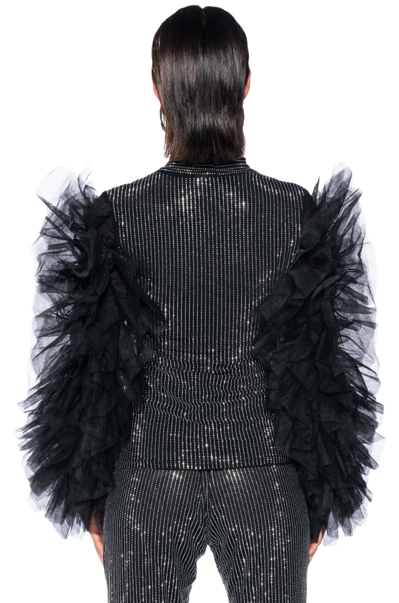 AFTER HOURS RHINESTONE EMBELLISHED TULLE SLEEVE TOP IN BLACK