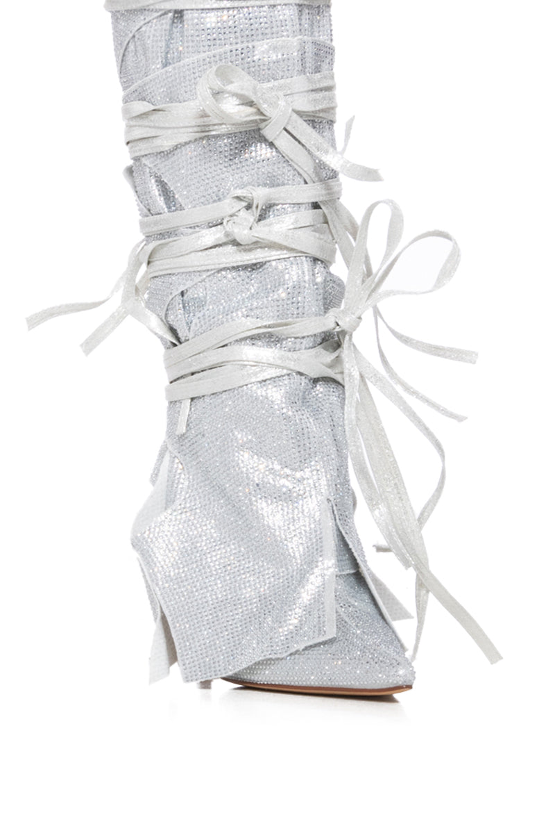 AZALEA WANG CORDIAL SILVER RHINESTONE BOOT
