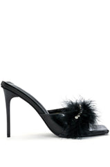 AZALEA WANG LULU FEATHER SLIP ON SANDAL IN BLACK