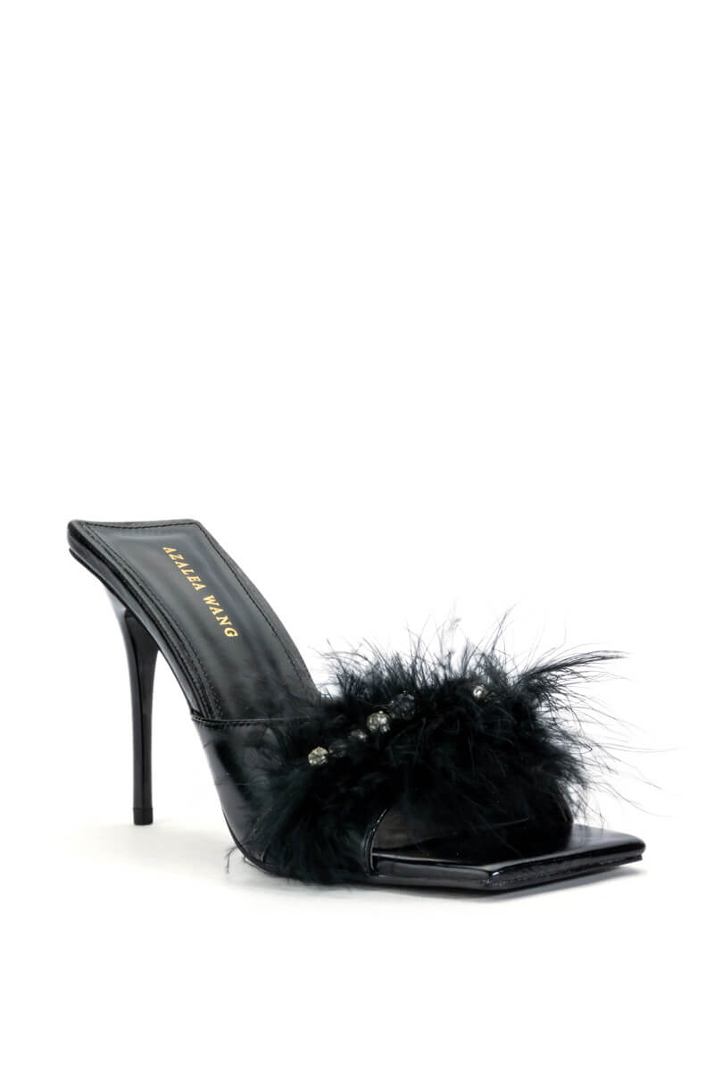 AZALEA WANG LULU FEATHER SLIP ON SANDAL IN BLACK