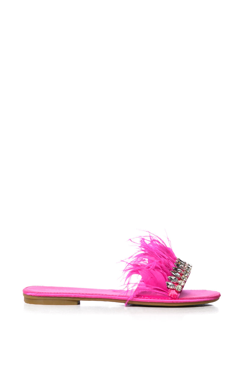 AZALEA WANG FEATHER FLAT SANDAL IN FUCHSIA