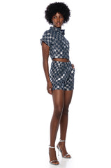 CHECK MATE SEQUIN BUTTON DOWN TOP