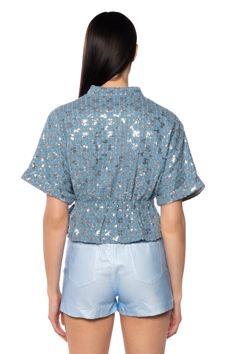 CHECKS NOT CHESS SEQUIN BELTED BLOUSE