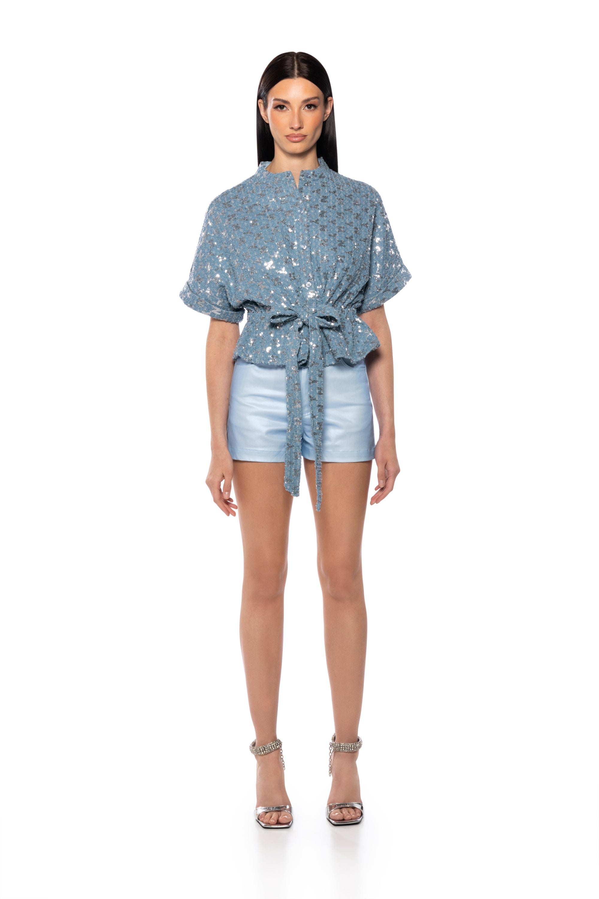 CHECKS NOT CHESS SEQUIN BELTED BLOUSE
