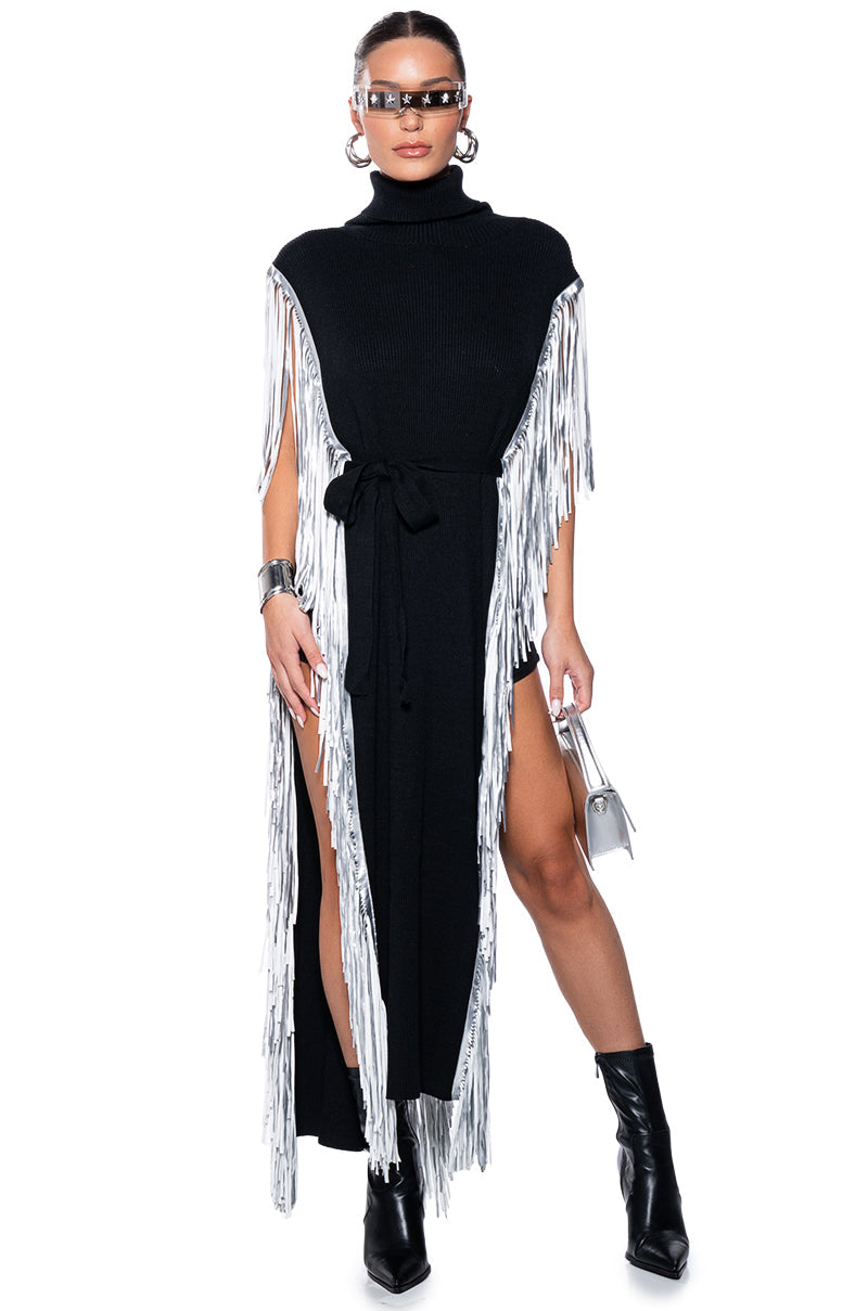 CHEYENNE FAUX LEATHER FRINGE BELTED SWEATER
