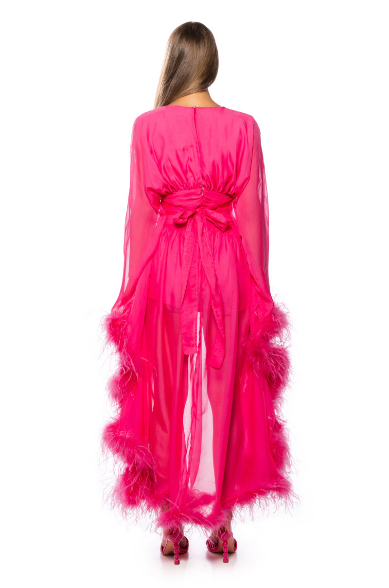 CLEMENTINE FEATHER TRIM MAXI DRESS