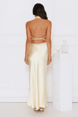 Draped In Diamonds Satin Halter Maxi Dress Yellow