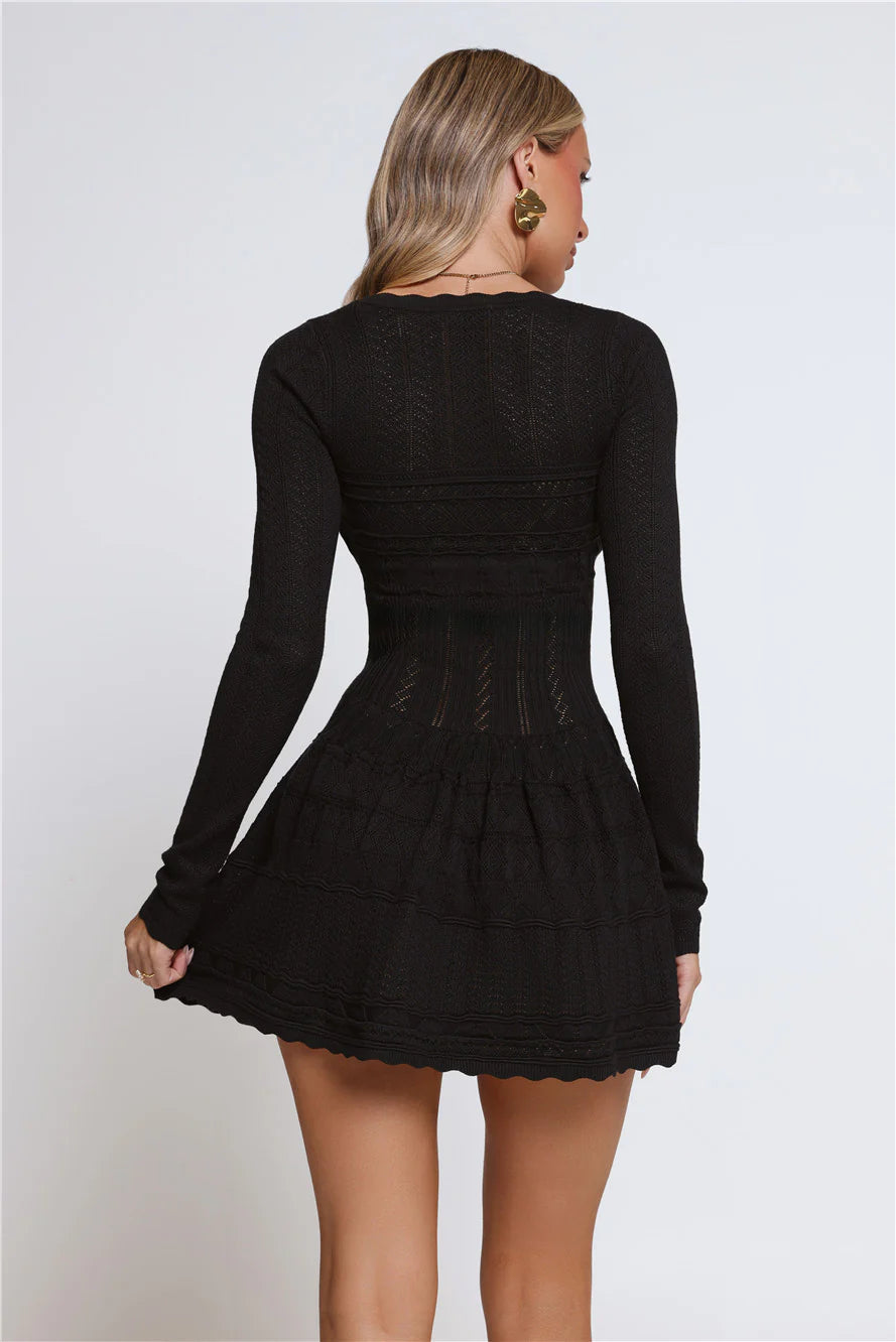 Pretty Portrait Long Sleeve Knit Mini Dress Black