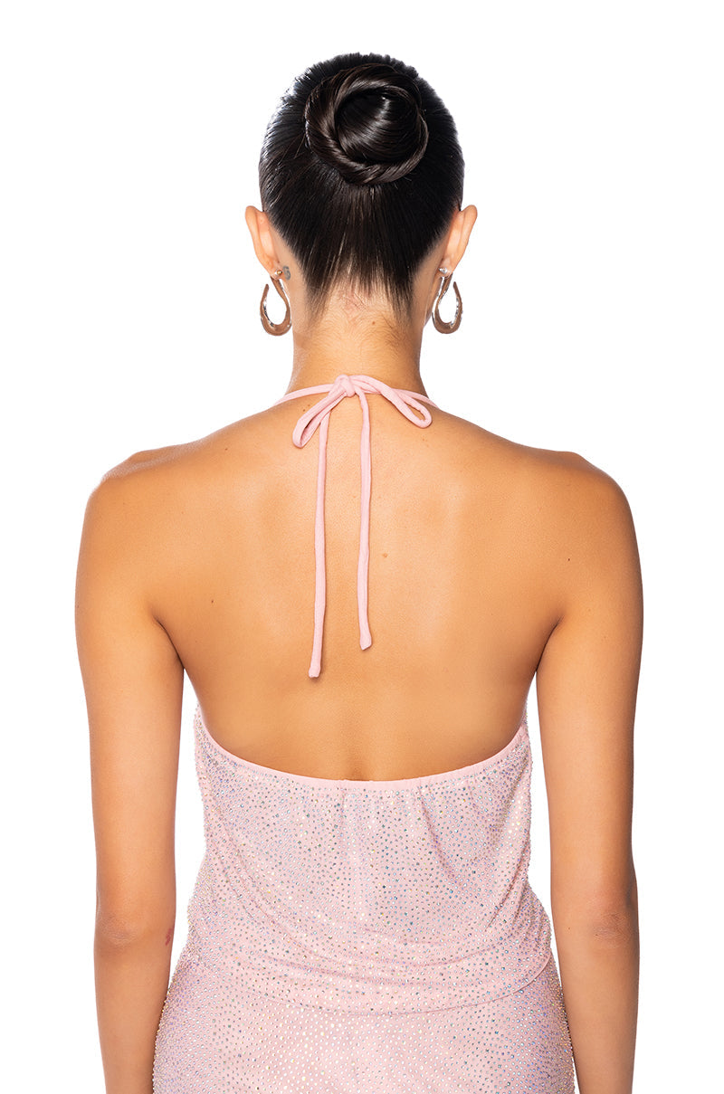 GLITZY RHINESTONE MESH HALTER TOP