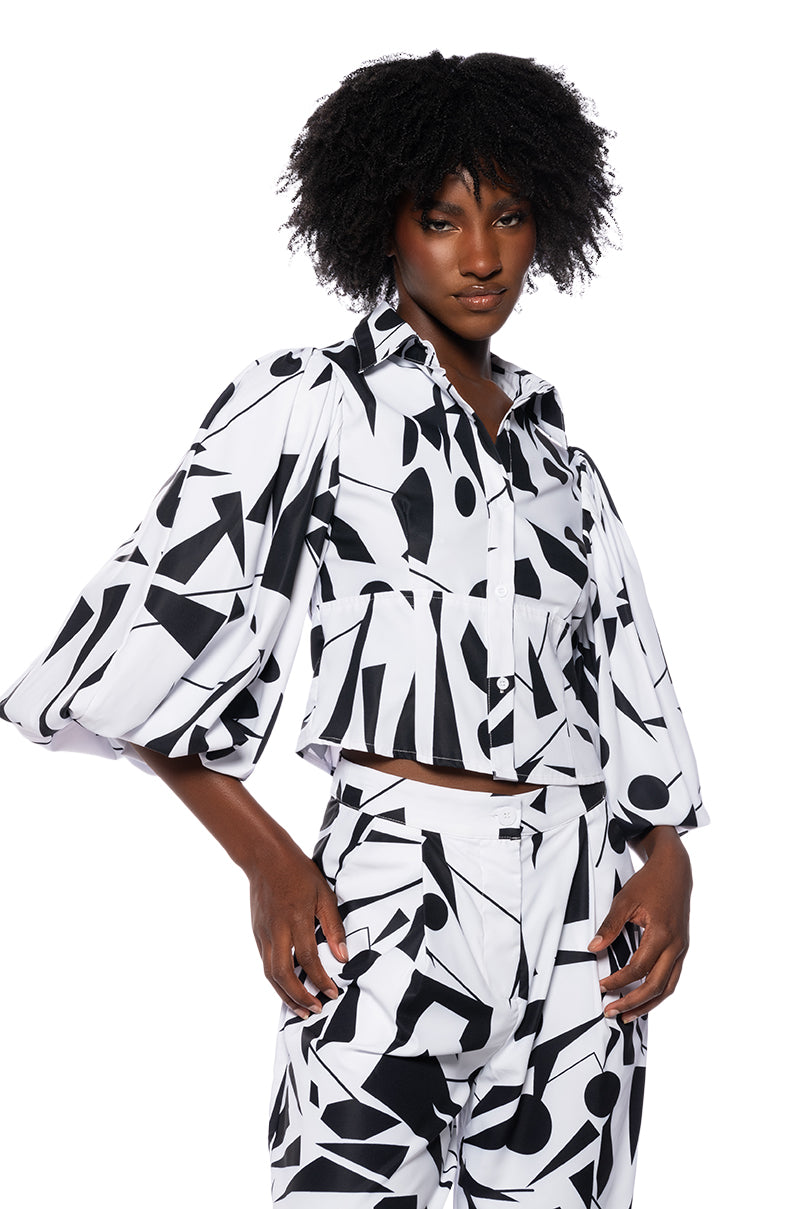 LENNON PRINTED PUFF SLEEVE BUTTON DOWN