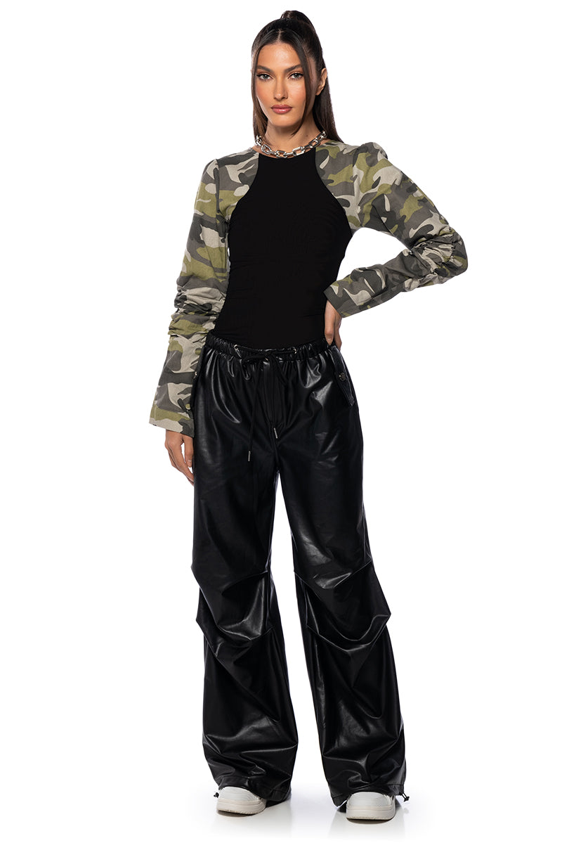 MOVING DISCREETLY CAMO STRETCH KNIT BODYSUIT