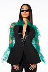 THE ONE FEATHER TRIMMED OPEN BACK BLOUSE