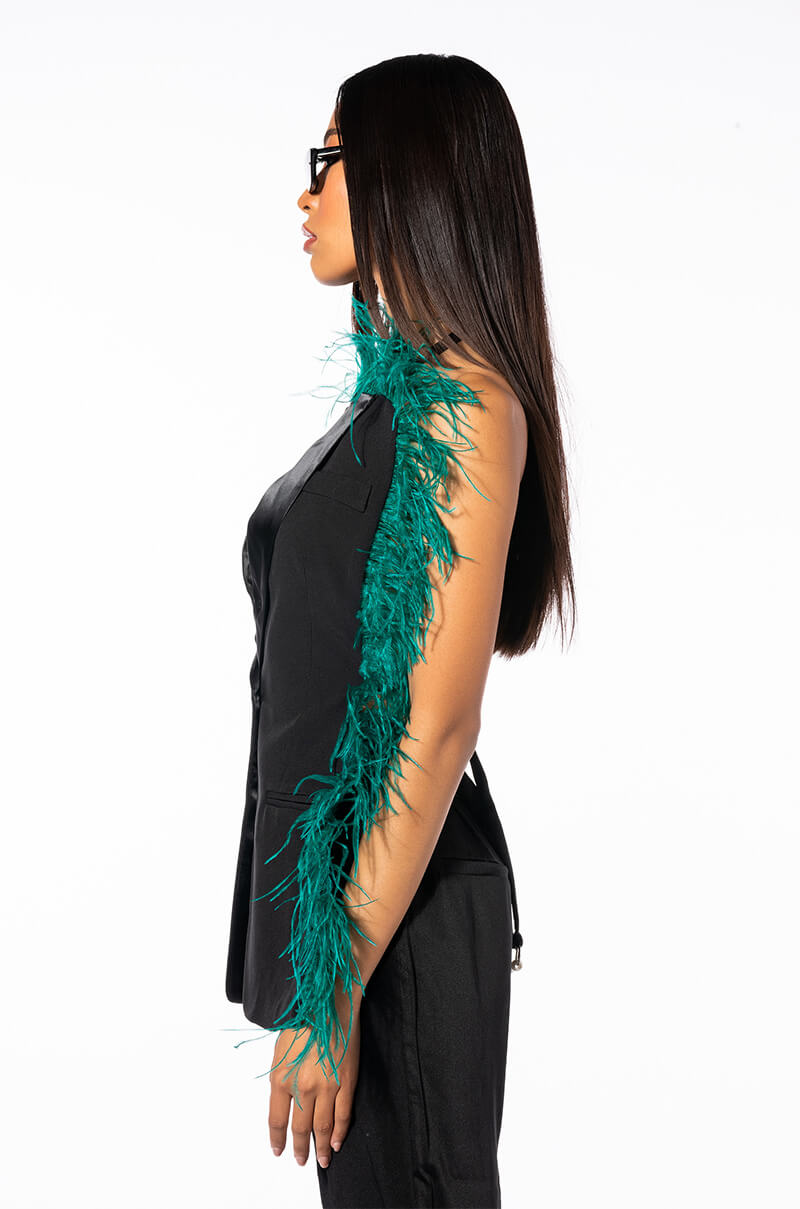 THE ONE FEATHER TRIMMED OPEN BACK BLOUSE
