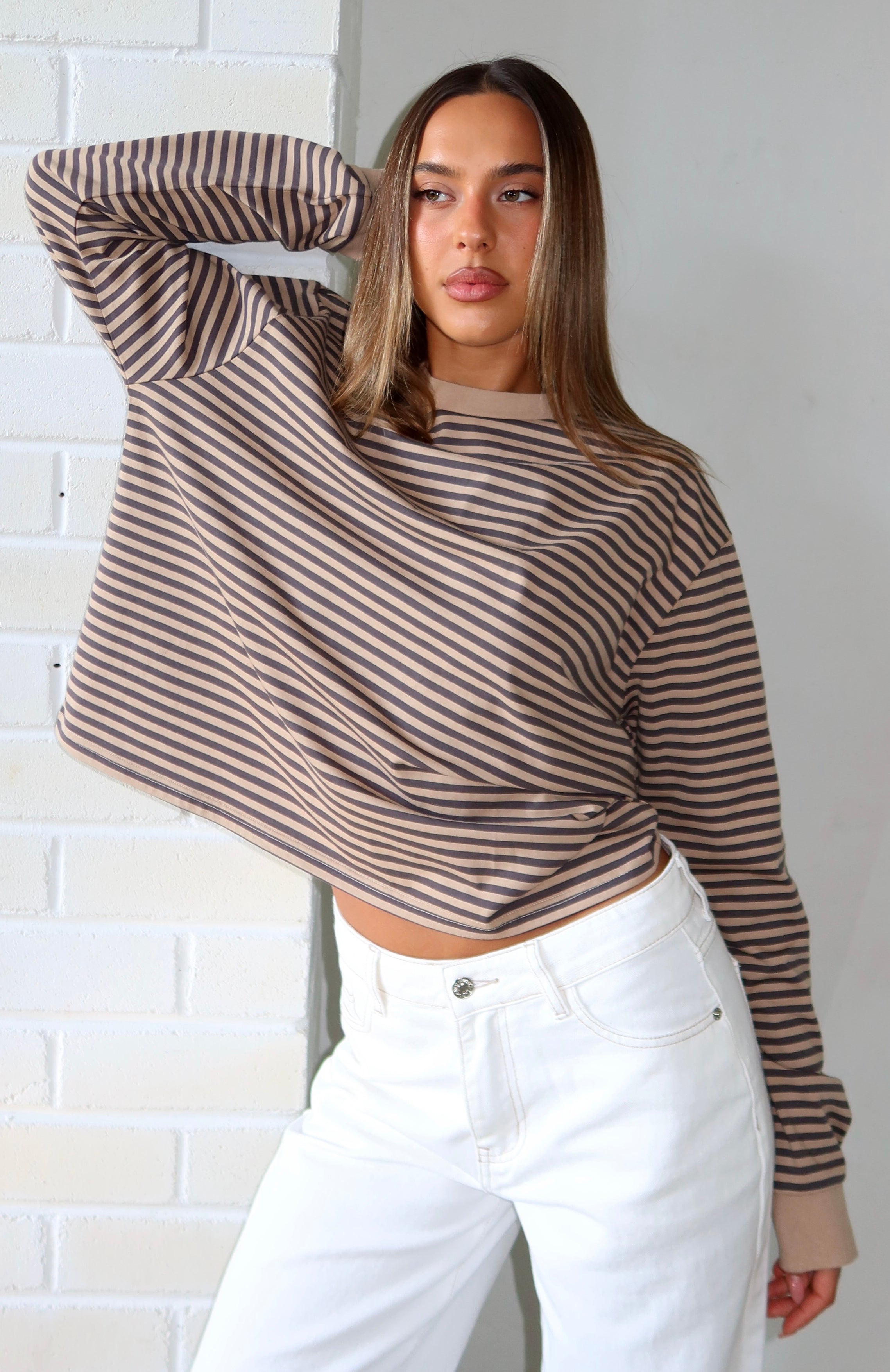 Catch The Drift Long Sleeve Tee Chocolate/Tan Stripe